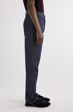 Silk-softened denim brings laid-back luxury to straight-leg jeans traced with tobacco topstitching. Zip fly with button closure Front slant pockets; back patch pockets 66% cotton, 34% silk Dry clean Made in Italy Designer Clothing Denim Blue Straight Hem Cropped Jeans, Denim Blue Cropped Jeans With Straight Hem, Modern Jeans With Pockets For Business Casual, Modern Business Casual Jeans With Pockets, Modern Jeans For Business Casual, Modern Business Casual Jeans, Modern Recycled Denim Straight Leg Jeans, Modern Rigid Denim Jeans With Straight Hem, Modern Straight Leg Recycled Denim Jeans