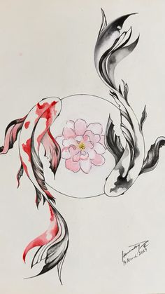 a drawing of two koi fish and a flower