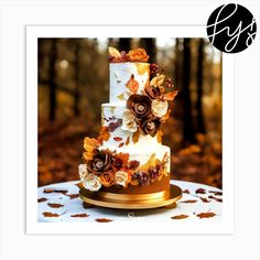 a three tiered wedding cake with flowers on the top and gold trimmings