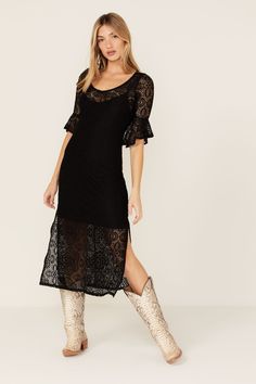 Black Black Dress Boots Outfit, Black Barn Wedding, Black Dresses With Boots, Country Western Dresses, Eyelet Lace Fabric, Black Dress Boots, Maxi Dress Black, Todays Outfit, Lace Maxi