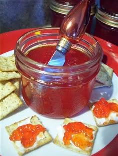 some crackers and jam on a plate with a spoon in the jar next to them