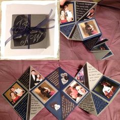 a couple's wedding pictures are placed on top of each other in an open box