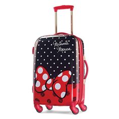 "This fun and chic Disney's Minnie Mouse Bow hardside spinner luggage will bring a smile to trendsetters of any age. Disney Hardside construction offers lasting durability Mesh pocket for organized packing 4 smooth-gliding spinner wheels for easy mobility Expands up to 1.5 inches for extra packing capacity Lightweight design Telescoping handles Self-mending zippers guard against wear and tear Polyester Zipper closure Manufacturer's 10-year limited warrantyFor warranty information please click he Minnie Mouse Suitcase, Disney Luggage, Minnie Mouse Red, Hardside Spinner Luggage, Hardside Luggage, Checked Luggage, Minnie Mouse Bow, Spinner Suitcase, American Tourister