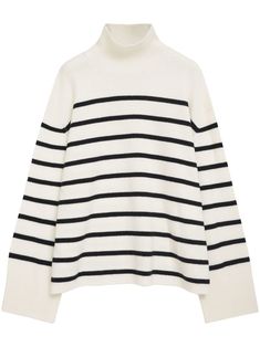 black/white wool blend oversize arms horizontal stripe pattern funnel neck long sleeves 80 Fashion, Perfect Closet, Oversized Turtleneck, Cashmere Sweater Women, Cooler Look, Anine Bing, Horizontal Stripes, Funnel Neck, Lady Dior