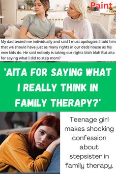 two women sitting on a couch talking to each other with the caption'atta for saying what i really think in family therapy? '