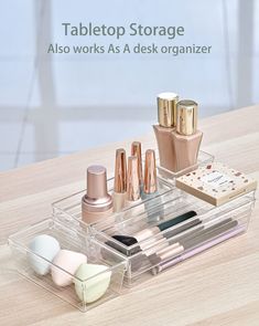 an assortment of makeup and beauty products on a wooden table with text that reads tabletop storage also works as a desk organizer