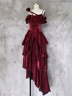 [$99.75]Red Shimmer Asymmetrical Layered Flounce Spaghetti Strap Dress Evening Gown Carnival Theme Dress For Women, Long Sleeve Red Dresses, Carnival Prom Dress, Mad Hatter Formal Dress, Chiffon Red Dress, Slim Fitted Dress, Beautiful Unique Dresses, Eccentric Prom Dresses, Pretty Dresses Purple