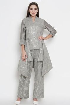 Shop for Twenty Nine Grey Georgette Lucknowi Mirror Embellished Jacket for Women Online at Aza Fashions Asymmetrical Jacket, Band Jacket, Grey Mirror, Silver Jacket, Asymmetric Jacket, Embellished Jacket, Indian Fashion Designers, Jacket For Women, Mirror Work