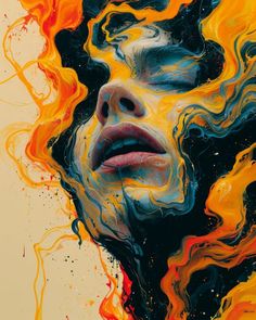 a woman's face is painted in orange and black with flames coming out of it