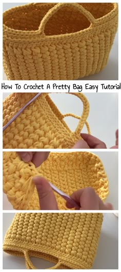 crochet yellow bag is shown with instructions to make it