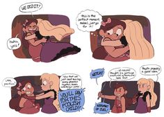 a comic strip with an image of two women in bed and one is hugging the other