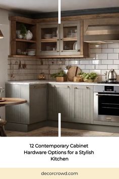 Stylish kitchen with contemporary cabinet hardware featuring open wooden shelves, white backsplash tiles, and gray cabinetry. Contemporary Cabinet, Contemporary Cabinets