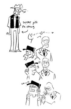 a cartoon drawing of a man in a suit and tie with other people around him