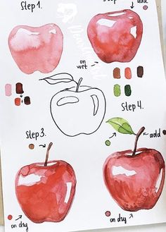 an apple drawing with step by step instructions on how to draw it in watercolor