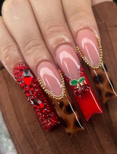 Birthday Nails Inspiration Extra, Red Nails With Rhinestones Bling, Cheetah Red Nails, Cheetah Christmas Nails, Red Baddie Nails Acrylic, Birthday Nails Red, Red Birthday Nails, Red Cheetah Nails, Birthday Nail Set Ideas