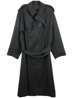 smoky black wool notched lapels double-breasted button fastening belted waist rear cape insert long sleeves two side inset pockets straight hem mid-calf length Black Belted Wool Coat For Fall, Long Sleeve Black Wool Belted Coat, Black Long Sleeve Belted Wool Coat, Black Wool Coat With Belted Cuffs, Wool Double-breasted Belted Outerwear, Belted Wool Double-breasted Outerwear, Classic Black Belted Wool Coat, Classic Double-breasted Wool Coat With Belted Cuffs, Belted Double-breasted Wool Coat For Business