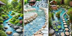 three different views of a garden with rocks and water