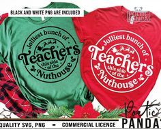 two teacher shirts with the words teachers are in red, green and black on them