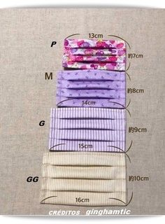 four different colors of cloths with measurements for each fabric size and the width to choose from