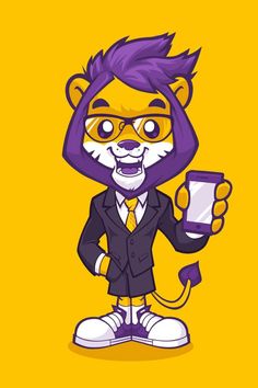 a cartoon tiger in a suit holding a cell phone and pointing to it's screen