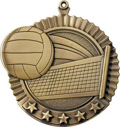 an award medal with a volleyball ball and racket