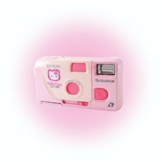 a pink polaroid camera with hello kitty on it's front and side panels