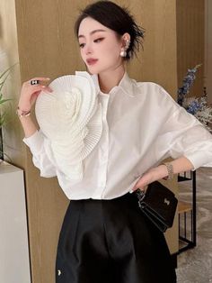 Fabric Cotton Chic White Spring Shirt, Chic White Shirt For Day Out, White Shirt For Fall Day Out, Feminine White Shirt For Day Out, White Feminine Shirt For Day Out, Chic White Fall Shirt, Trendy White Shirt For Day Out, Fitted White Shirt For Day Out, White Fitted Shirt For Day Out