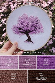 the color scheme for this cross stitch pattern is purple and has a tree on it