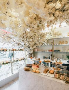 a counter with lots of pastries on it