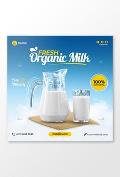 a postcard for fresh organic milk with two pitchers and a pitcher on the side