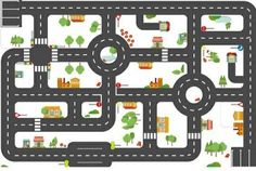 a road map with cars and houses on it