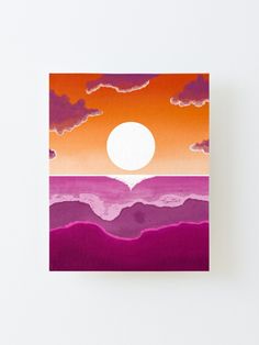 an orange and purple painting with the sun in the sky above it on a white wall