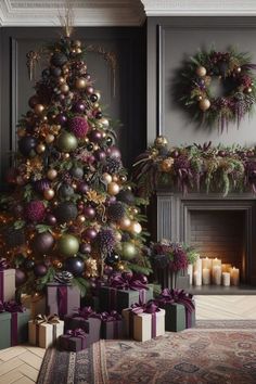 a decorated christmas tree in front of a fireplace