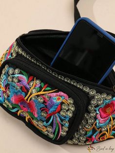 BirdinBag - Chic Embroidered Waist Bag - Vintage Fashion Casual Embroidered Travel Bag, Travel Crossbody Bag With Embroidered Logo, Casual Embroidered Rectangular Bag, Travel Crossbody Shoulder Bag With Embroidered Logo, Casual Travel Shoulder Bag With Floral Embroidery, Casual Shoulder Bag With Floral Embroidery For Travel, Casual Floral Embroidery Shoulder Bag For Travel, Casual Embroidered Shoulder Bag, Casual Black Embroidered Bag