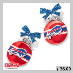 two buffalo bills christmas ornaments with bows on them