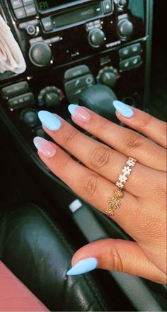 Nails Almond Spring 2023, Nails For Prom Almond Shape, Classy Spring Nails Almond Blue, Spring Nails2023 Dip, Vacation Nails Almond Shape Blue, Trending Acrylic Nails Almond Shape, Almond Shape Dip Nail Designs, Acrylic Nail Design Almond Shape, Wedding Nails Design Almond Shape