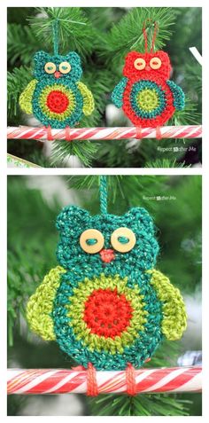 crocheted owl ornament hanging on a christmas tree with candy canes