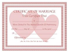 a certificate for marriage with two hearts on the front and back, both in pink