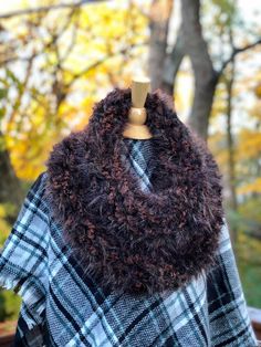 Hand knitted Outlander inspired brown 'faux fur' cowl, scarf, shoulder wrap, neck warmer, snood. It can be worn as a cowl or pulled down the shoulders as a cape. - one size fits all - super soft acrylic/nylon blend yarn - available in navy blue, gray, pale green and white, please contact me for custom orders -made in smoke and pet free environment CARE: Cold water, gentle cycle, lay flat to dry. Cozy Hand Knitted Brown Scarf, Brown Winter Scarves For Gifts, Brown Yarn Scarf For Fall, Brown Winter Scarves For Gift, Cozy Brown Hand Knitted Scarf, Outlander Cowl, Chunky Scarves, Outlander Fan, Shoulder Wrap