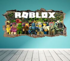 a hole in the wall that says roblox on it with images of toy characters