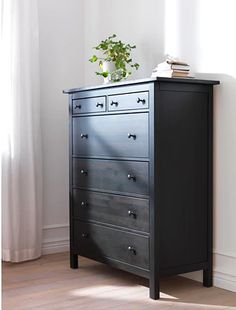 a black chest of drawers in front of a white wall with a plant on top