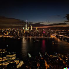 an aerial view of the city lights and water at night, with buildings in the background