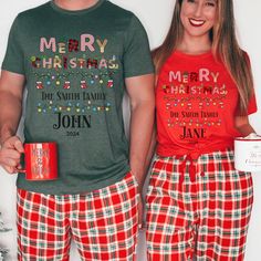 This Personalized Family Christmas Crew Shirt exudes a festive and cozy vibe, perfect for holiday gatherings and celebrations. The unisex design makes it suitable for all family members. The lightweight and breathable Airlume combed cotton fabric ensures comfort for active wear or lounging around the house. Product features - 4.2 oz/yd² lightweight fabric perfect for layering - Retail fit for casual and semi-formal settings - Ethically made in the US and internationally - Tear-away label for minimized skin irritations - Variety of fabric blends for different color options -  Bella Canvas 3001 Care instructions - Machine wash: cold (max 30C or 90F) - Non-chlorine: bleach as needed - Tumble dry: low heat - Iron, steam or dry: medium heat - Do not dryclean DETAILS 👚 Soft Material 👚 Great Fi Red Family Matching T-shirt For Holidays, Family Matching Holiday T-shirt With Crew Neck, Festive Family Matching T-shirt For Holidays, Family Matching Holiday T-shirt With Graphic Print, Family Matching Christmas Cotton T-shirt, Family Christmas Shirts, Crew Shirt, Holiday Gathering, Personalized Family