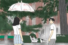 a man and woman are standing under an umbrella in the park, looking at each other