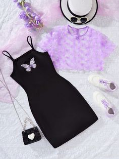 Morado Casual Collar   Mariposa  Embellished No-Elástico Purple Butterfly Outfit, Cute Outfits Purple, Birthday Outfit For School, Purple Outfit, Butterfly Clothes, Cute Outfits With Shorts, Zara Outfit, Cute Dress Outfits, Quick Outfits