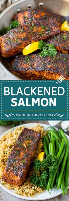 blackened salmon and green beans in a skillet with the title overlay above it