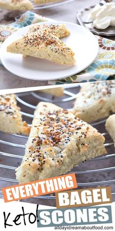 there are several different pictures of food on this plate and in the background is an image of scones with poppy seed sprinkles