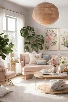 a living room filled with furniture and flowers