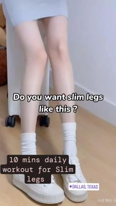 a woman sitting on top of a chair with her legs crossed and the caption do you want slim legs like this? 10 mins daily workout for slim legs