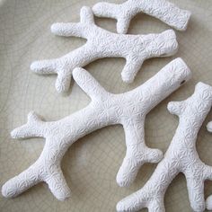 three white corals sitting on top of a plate next to each other in the shape of branches